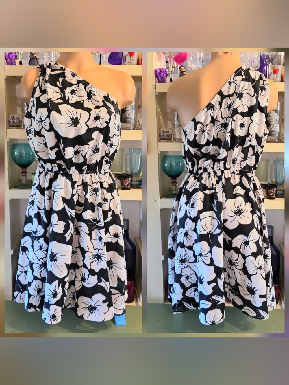 Cupshe Beach Dress Swimsuit Cover-up M. One Shoulder Floral Black Tan White NWT